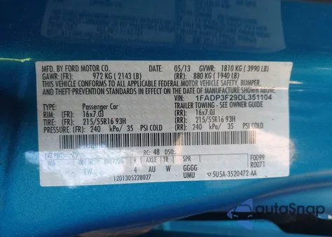 2013 Ford Focus Se из США, поврежденный, VIN 1FADP3F29DL351104